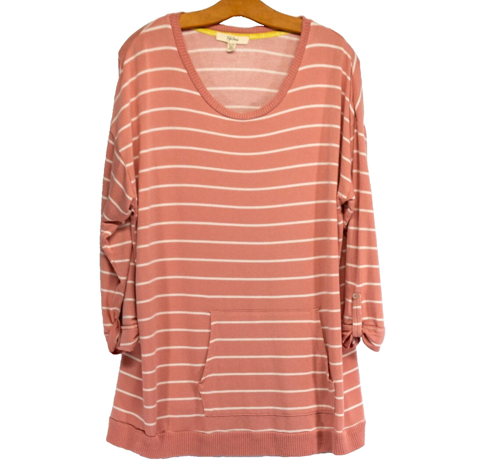 Peyton Primrose Pink White Striped Scoop Neck Tunic Womens XL Roll Tab Sleeve